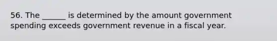 56. The ______ is determined by the amount government spending exceeds government revenue in a fiscal year.