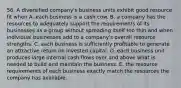 56. A diversified company's business units exhibit good resource fit when A. each business is a cash cow. B. a company has the resources to adequately support the requirements of its businesses as a group without spreading itself too thin and when individual businesses add to a company's overall resource strengths. C. each business is sufficiently profitable to generate an attractive return on invested capital. D. each business unit produces large internal cash flows over and above what is needed to build and maintain the business. E. the resource requirements of each business exactly match the resources the company has available.