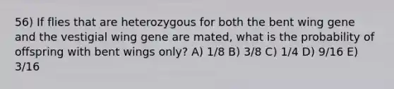 56) If flies that are heterozygous for both the bent wing gene and the vestigial wing gene are mated, what is the probability of offspring with bent wings only? A) 1/8 B) 3/8 C) 1/4 D) 9/16 E) 3/16