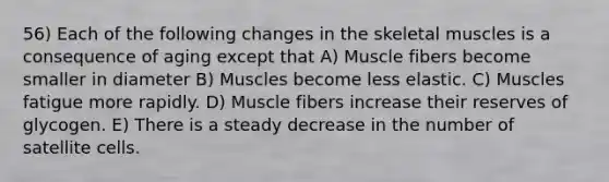 56) Each of the following changes in the skeletal muscles is a consequence of aging except that A) Muscle fibers become smaller in diameter B) Muscles become less elastic. C) Muscles fatigue more rapidly. D) Muscle fibers increase their reserves of glycogen. E) There is a steady decrease in the number of satellite cells.