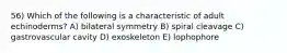 56) Which of the following is a characteristic of adult echinoderms? A) bilateral symmetry B) spiral cleavage C) gastrovascular cavity D) exoskeleton E) lophophore