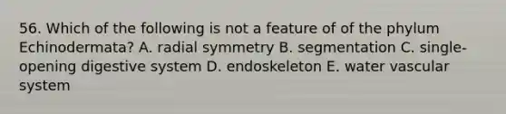 56. Which of the following is not a feature of of the phylum Echinodermata? A. radial symmetry B. segmentation C. single-opening digestive system D. endoskeleton E. water vascular system