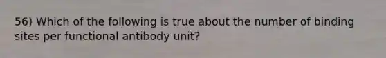 56) Which of the following is true about the number of binding sites per functional antibody unit?