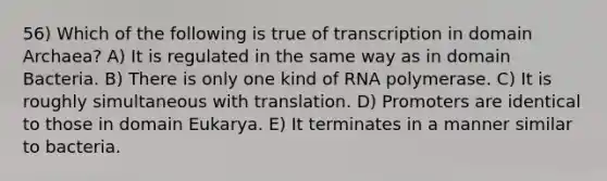 56) Which of the following is true of transcription in domain Archaea? A) It is regulated in the same way as in domain Bacteria. B) There is only one kind of RNA polymerase. C) It is roughly simultaneous with translation. D) Promoters are identical to those in domain Eukarya. E) It terminates in a manner similar to bacteria.