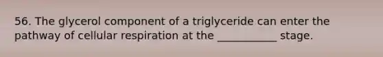 56. The glycerol component of a triglyceride can enter the pathway of cellular respiration at the ___________ stage.