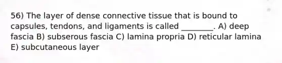 56) The layer of dense connective tissue that is bound to capsules, tendons, and ligaments is called ________. A) deep fascia B) subserous fascia C) lamina propria D) reticular lamina E) subcutaneous layer