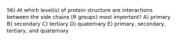 56) At which level(s) of protein structure are interactions between the side chains (R groups) most important? A) primary B) secondary C) tertiary D) quaternary E) primary, secondary, tertiary, and quaternary