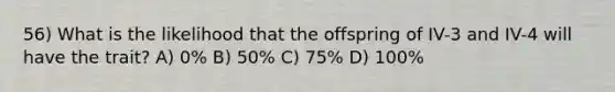 56) What is the likelihood that the offspring of IV-3 and IV-4 will have the trait? A) 0% B) 50% C) 75% D) 100%