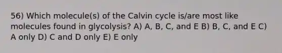 56) Which molecule(s) of the Calvin cycle is/are most like molecules found in glycolysis? A) A, B, C, and E B) B, C, and E C) A only D) C and D only E) E only