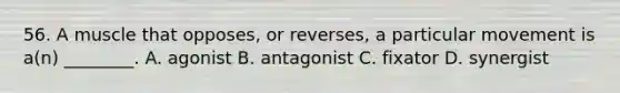 56. A muscle that opposes, or reverses, a particular movement is a(n) ________. A. agonist B. antagonist C. fixator D. synergist