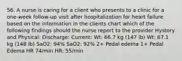 56. A nurse is caring for a client who presents to a clinic for a one-week follow-up visit after hospitalization for heart failure based on the information in the clients chart which of the following findings should the nurse report to the provider Hystory and Physical: Discharge: Current: Wt: 66.7 kg (147 lb) Wt: 67.1 kg (148 lb) SaO2: 94% SaO2: 92% 2+ Pedal edema 1+ Pedal Edema HR 74/min HR: 55/min