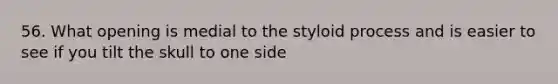 56. What opening is medial to the styloid process and is easier to see if you tilt the skull to one side