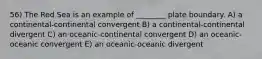 56) The Red Sea is an example of ________ plate boundary. A) a continental-continental convergent B) a continental-continental divergent C) an oceanic-continental convergent D) an oceanic-oceanic convergent E) an oceanic-oceanic divergent