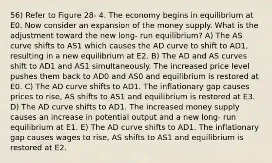 56) Refer to Figure 28- 4. The economy begins in equilibrium at E0. Now consider an expansion of the money supply. What is the adjustment toward the new long- run equilibrium? A) The AS curve shifts to AS1 which causes the AD curve to shift to AD1, resulting in a new equilibrium at E2. B) The AD and AS curves shift to AD1 and AS1 simultaneously. The increased price level pushes them back to AD0 and AS0 and equilibrium is restored at E0. C) The AD curve shifts to AD1. The inflationary gap causes prices to rise, AS shifts to AS1 and equilibrium is restored at E3. D) The AD curve shifts to AD1. The increased money supply causes an increase in potential output and a new long- run equilibrium at E1. E) The AD curve shifts to AD1. The inflationary gap causes wages to rise, AS shifts to AS1 and equilibrium is restored at E2.