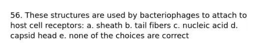 56. These structures are used by bacteriophages to attach to host cell receptors: a. sheath b. tail fibers c. nucleic acid d. capsid head e. none of the choices are correct