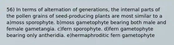 56) In terms of alternation of generations, the internal parts of the pollen grains of seed-producing plants are most similar to a a)moss sporophyte. b)moss gametophyte bearing both male and female gametangia. c)fern sporophyte. d)fern gametophyte bearing only antheridia. e)hermaphroditic fern gametophyte