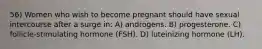 56) Women who wish to become pregnant should have sexual intercourse after a surge in: A) androgens. B) progesterone. C) follicle-stimulating hormone (FSH). D) luteinizing hormone (LH).