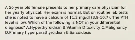 A 56 year old female presents to her primary care physician for her yearly physical. Her exam is normal. But on routine lab tests she is noted to have a calcium of 11.2 mg/dl (8.9-10.7). The PTH level is low. Which of the following is NOT in your differential diagnosis? A.Hyperthyroidism B.Vitamin D toxicity C.Malignancy D.Primary hyperparathyroidism E.Sarcoidosis