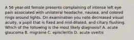 A 56 year-old female presents complaining of intense left eye pain associated with unilateral headache, nausea, and colored rings around lights. On examination you note decreased visual acuity, a pupil that is fixed and mid-dilated, and ciliary flushing. Which of the following is the most likely diagnosis? A. acute glaucoma B. migraine C. episcleritis D. acute uveitis