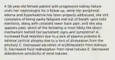 A 56-year-old female patient with progressive kidney failure visits her nephrologist for a follow-up, while her peripheral edema and hyperkalemia has been properly addressed, she still complains of being easily fatigued and out of breath upon mild exertions, along with constant lower back pain, and she also appears pale; which of the following is most likely the direct mechanism behind her persistent signs and symptoms? A. Increased fluid retention due to a lack of plasma proteins B. Adrenal cortical atrophy due to a lack of stimulation from the pituitary C. Decreased secretion of erythropoietin from kidneys D. Decreased fluid reabsorption from renal tubules E. Decreased aldosterone sensitivity of renal tubules