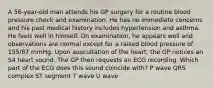 A 56-year-old man attends his GP surgery for a routine blood pressure check and examination. He has no immediate concerns and his past medical history includes hypertension and asthma. He feels well in himself. On examination, he appears well and observations are normal except for a raised blood pressure of 155/87 mmHg. Upon auscultation of the heart, the GP notices an S4 heart sound. The GP then requests an ECG recording. Which part of the ECG does this sound coincide with? P wave QRS complex ST segment T wave U wave