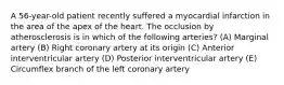 A 56-year-old patient recently suffered a myocardial infarction in the area of the apex of the heart. The occlusion by atherosclerosis is in which of the following arteries? (A) Marginal artery (B) Right coronary artery at its origin (C) Anterior interventricular artery (D) Posterior interventricular artery (E) Circumflex branch of the left coronary artery