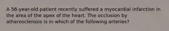 A 56-year-old patient recently suffered a myocardial infarction in the area of the apex of the heart. The occlusion by atherosclerosis is in which of the following arteries?