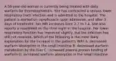 A 56-year-old woman is currently being treated with daily warfarin for thrombophlebitis. She has contracted a serious lower respiratory tract infection and is admitted to the hospital. The patient is started on ciprofloxacin upon admission, and after 3 days of treatment, her INR increases from 2.7 to 7.4. She also reports a nosebleed on the third night in the hospital. Her lower respiratory function has improved slightly, but the infection has still not resolved. Which of the following is the most likely explanation for the increase in the patient's INR? A. decreased warfarin absorption in the small intestine B. decreased warfarin metabolism by the liver C. increased plasma protein binding of warfarin D. increased warfarin absorption in the small intestine