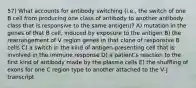 57) What accounts for antibody switching (i.e., the switch of one B cell from producing one class of antibody to another antibody class that is responsive to the same antigen)? A) mutation in the genes of that B cell, induced by exposure to the antigen B) the rearrangement of V region genes in that clone of responsive B cells C) a switch in the kind of antigen-presenting cell that is involved in the immune response D) a patientʹs reaction to the first kind of antibody made by the plasma cells E) the shuffling of exons for one C region type to another attached to the V-J transcript