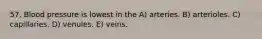 57. Blood pressure is lowest in the A) arteries. B) arterioles. C) capillaries. D) venules. E) veins.