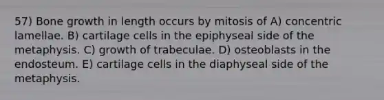 57) Bone growth in length occurs by mitosis of A) concentric lamellae. B) cartilage cells in the epiphyseal side of the metaphysis. C) growth of trabeculae. D) osteoblasts in the endosteum. E) cartilage cells in the diaphyseal side of the metaphysis.