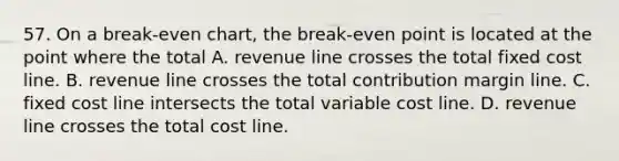 57. On a break-even chart, the break-even point is located at the point where the total A. revenue line crosses the total fixed cost line. B. revenue line crosses the total contribution margin line. C. fixed cost line intersects the total variable cost line. D. revenue line crosses the total cost line.