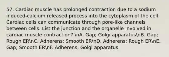 57. Cardiac muscle has prolonged contraction due to a sodium induced-calcium released process into the cytoplasm of the cell. Cardiac cells can communicate through pore-like channels between cells. List the junction and the organelle involved in cardiac muscle contraction? nA. Gap; Golgi apparatusnB. Gap; Rough ERnC. Adherens; Smooth ERnD. Adherens; Rough ERnE. Gap; Smooth ERnF. Adherens; Golgi apparatus