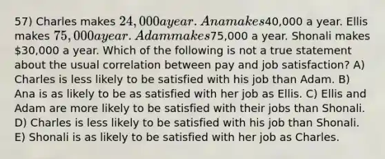 57) Charles makes 24,000 a year. Ana makes40,000 a year. Ellis makes 75,000 a year. Adam makes75,000 a year. Shonali makes 30,000 a year. Which of the following is not a true statement about the usual correlation between pay and job satisfaction? A) Charles is less likely to be satisfied with his job than Adam. B) Ana is as likely to be as satisfied with her job as Ellis. C) Ellis and Adam are more likely to be satisfied with their jobs than Shonali. D) Charles is less likely to be satisfied with his job than Shonali. E) Shonali is as likely to be satisfied with her job as Charles.