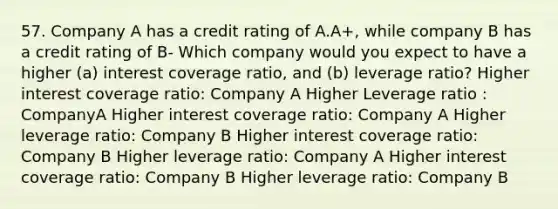 57. Company A has a credit rating of A.A+, while company B has a credit rating of B- Which company would you expect to have a higher (a) interest coverage ratio, and (b) leverage ratio? Higher interest coverage ratio: Company A Higher Leverage ratio : CompanyA Higher interest coverage ratio: Company A Higher leverage ratio: Company B Higher interest coverage ratio: Company B Higher leverage ratio: Company A Higher interest coverage ratio: Company B Higher leverage ratio: Company B