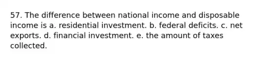 57. The difference between national income and disposable income is a. residential investment. b. federal deficits. c. net exports. d. financial investment. e. the amount of taxes collected.