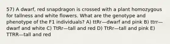 57) A dwarf, red snapdragon is crossed with a plant homozygous for tallness and white flowers. What are the genotype and phenotype of the F1 individuals? A) ttRr—dwarf and pink B) ttrr—dwarf and white C) TtRr—tall and red D) TtRr—tall and pink E) TTRR—tall and red