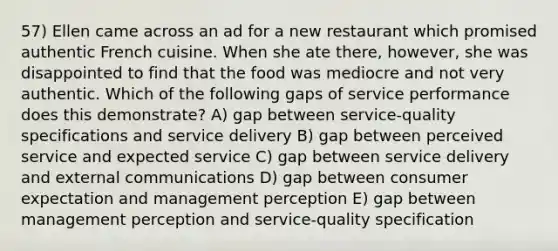 57) Ellen came across an ad for a new restaurant which promised authentic French cuisine. When she ate there, however, she was disappointed to find that the food was mediocre and not very authentic. Which of the following gaps of service performance does this demonstrate? A) gap between service-quality specifications and service delivery B) gap between perceived service and expected service C) gap between service delivery and external communications D) gap between consumer expectation and management perception E) gap between management perception and service-quality specification