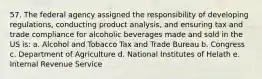 57. The federal agency assigned the responsibility of developing regulations, conducting product analysis, and ensuring tax and trade compliance for alcoholic beverages made and sold in the US is: a. Alcohol and Tobacco Tax and Trade Bureau b. Congress c. Department of Agriculture d. National Institutes of Helath e. Internal Revenue Service