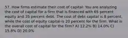 57. How firms estimate their cost of capital: You are analyzing the cost of capital for a firm that is financed with 65 percent equity and 35 percent debt. The cost of debt capital is 8 percent, while the cost of equity capital is 20 percent for the firm. What is the overall cost of capital for the firm? A) 12.2% B) 14.0% C) 15.8% D) 20.0%