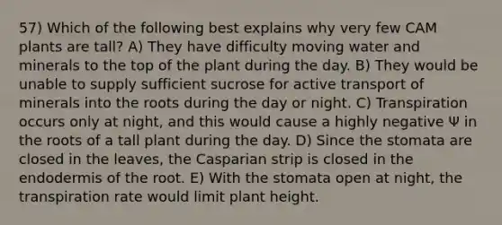 57) Which of the following best explains why very few CAM plants are tall? A) They have difficulty moving water and minerals to the top of the plant during the day. B) They would be unable to supply sufficient sucrose for active transport of minerals into the roots during the day or night. C) Transpiration occurs only at night, and this would cause a highly negative Ψ in the roots of a tall plant during the day. D) Since the stomata are closed in the leaves, the Casparian strip is closed in the endodermis of the root. E) With the stomata open at night, the transpiration rate would limit plant height.