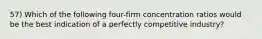 57) Which of the following four-firm concentration ratios would be the best indication of a perfectly competitive industry?