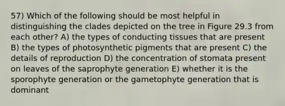 57) Which of the following should be most helpful in distinguishing the clades depicted on the tree in Figure 29.3 from each other? A) the types of conducting tissues that are present B) the types of photosynthetic pigments that are present C) the details of reproduction D) the concentration of stomata present on leaves of the saprophyte generation E) whether it is the sporophyte generation or the gametophyte generation that is dominant