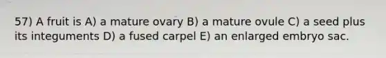 57) A fruit is A) a mature ovary B) a mature ovule C) a seed plus its integuments D) a fused carpel E) an enlarged embryo sac.