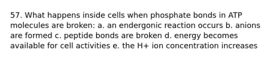 57. What happens inside cells when phosphate bonds in ATP molecules are broken: a. an endergonic reaction occurs b. anions are formed c. peptide bonds are broken d. energy becomes available for cell activities e. the H+ ion concentration increases