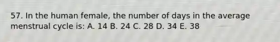 57. In the human female, the number of days in the average menstrual cycle is: A. 14 B. 24 C. 28 D. 34 E. 38