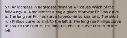 57. An increase in aggregate demand will cause which of the following? a. A movement along a given short-run Phillips curve b. The long-run Phillips curve to become horizontal c. The short-run Phillips curve to shift to the left d. The long-run Phillips curve to shift to the right e. The long-run Phillips curve to shift to the left