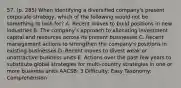 57. (p. 285) When identifying a diversified company's present corporate strategy, which of the following would not be something to look for? A. Recent moves to build positions in new industries B. The company's approach to allocating investment capital and resources across its present businesses C. Recent management actions to strengthen the company's positions in existing businesses D. Recent moves to divest weak or unattractive business units E. Actions over the past few years to substitute global strategies for multi-country strategies in one or more business units AACSB: 3 Difficulty: Easy Taxonomy: Comprehension