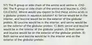 57) The R group or side chain of the amino acid serine is -CH2-OH. The R group or side chain of the amino acid leucine is -CH2-CH-(CH3)2. Where would you expect to find these amino acids in a globular protein in aqueous solution? A) Serine would be in the interior, and leucine would be on the exterior of the globular protein. B) Leucine would be in the interior, and serine would be on the exterior of the globular protein. C) Both serine and leucine would be in the interior of the globular protein. D) Both serine and leucine would be on the exterior of the globular protein. E) Both serine and leucine would be in the interior and on the exterior of the globular protein.