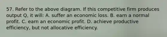 57. Refer to the above diagram. If this competitive firm produces output Q, it will: A. suffer an economic loss. B. earn a normal profit. C. earn an economic profit. D. achieve productive efficiency, but not allocative efficiency.